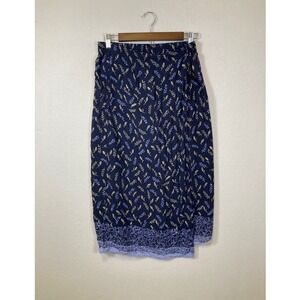 Sage Harbor Petite Navy Blue Leaf Print Rayon Midi Skirt Womens Medium